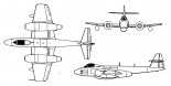 Gloster ”Meteor” F.8, rysunek w trzech rzutach. (Źródło: Skrzydlata Polska nr 32/1966).