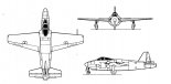 Gloster G-42 (E.1/44), rysunek w trzech rzutach. (Źródło: Skrzydlata Polska nr 3/1990).