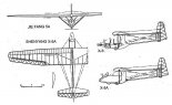 Rzut boczny szybowca Shenyang X-5 oraz rysunek w trzech rzutach wersji Shenyang X-5A. (Źródło: ”Polskie szybowce w Chinach”. Polska Technika Lotnicza. Materiały Historyczne nr 37, 10/2007).