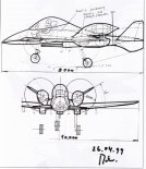 Rysunek koncepcyjny samolotu szturmowego PZL-330 ”Skorpion”. (Źródło: z arch. A. Frydrychewicza via Mroczek A. ”Konstruktor. 26 rozmów z Andrzejem Frydrychewiczem”).
