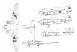 Lisunow Li-2, rysunek w rzutach. (Źródło: Mikulski M., Glass A. ”Polski transport lotniczy 1918-1978”).
