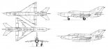 Mikojan MiG-21MF- rysunek w czterech rzutach oraz rzut boczny wersji MiG-21UM. (Źródło: Technika Lotnicza i Astronautyczna nr 4/1981).