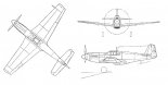 North American P-51 "Mustang" Mk.I, rysunek w trzech rzutach. (Źródło: Morgała A. "Polskie samoloty wojskowe 1939-1945". Wydawnictwo MON. Warszawa 1976).
