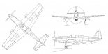 North American "Mustang" Mk.III, rysunek w trzech rzutach. Samolot posiadał zmodernizowaną osłonę kabiny, tzw. Malcolm Hood. (Źródło: Morgała A. "Polskie samoloty wojskowe 1939-1945". Wydawnictwo MON. Warszawa 1976).
