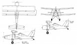 PZL-140 ”Gąsior”,rysunek w trzech rzutach oraz rzut boczny wersji PZL-140T ”Turbo Gąsior”. (Źródło: Technika lotnicza i Astronautyczna nr 7/1988).