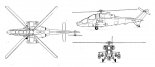 Agusta A-129 ”Mangusta” prototyp, rysunek w trzech rzutach. (Źródło: Technika Lotnicza i Astronautyczna  nr 6/1986).