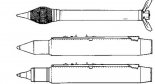 Pociski rakietowe rodziny S-25. Od góry w wersjach: S-25O, S-25OF w wyrzutni O-25, S-25OFM również w wyrzutni O-25. (Źródło: archiwum).